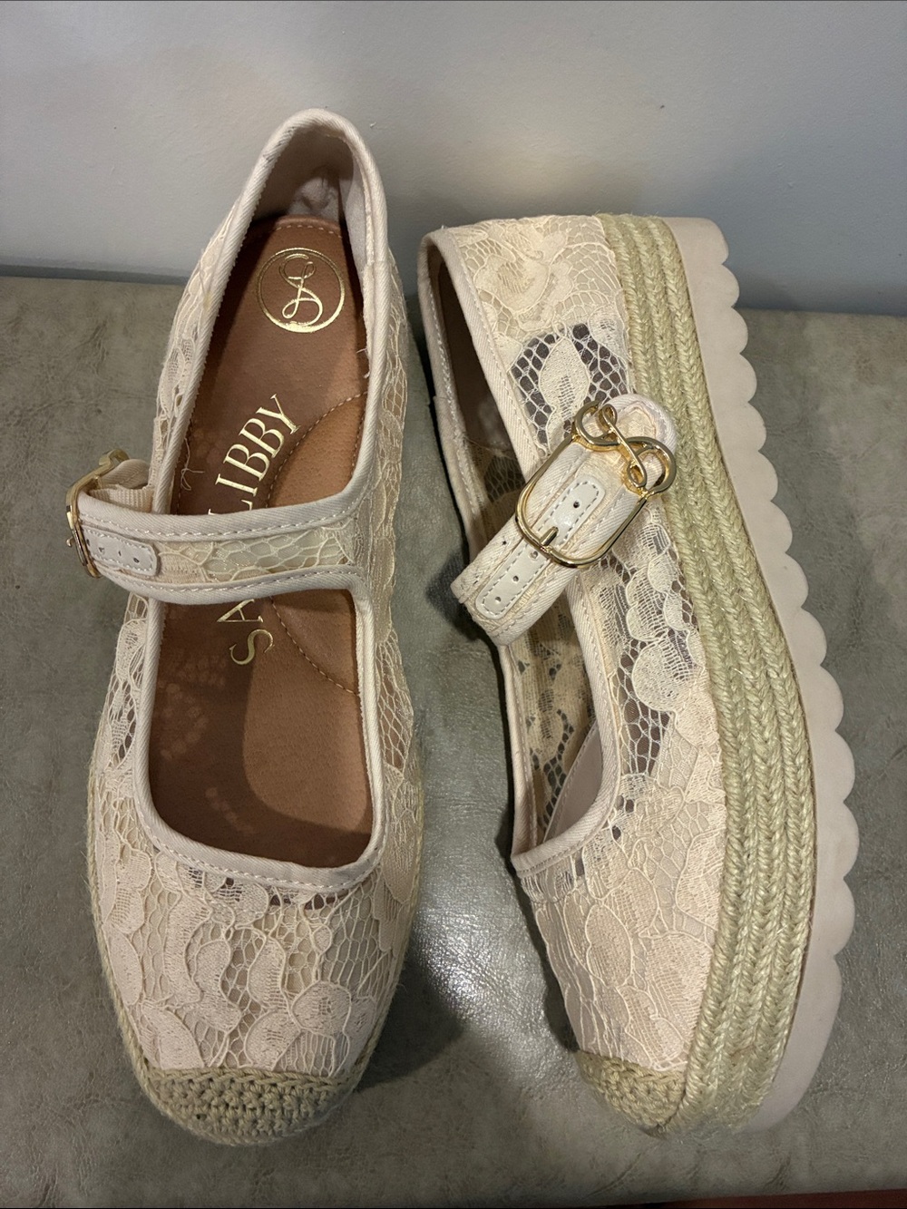 Sam & Libby Cream Lace Mary Jane Platform Espadrilles